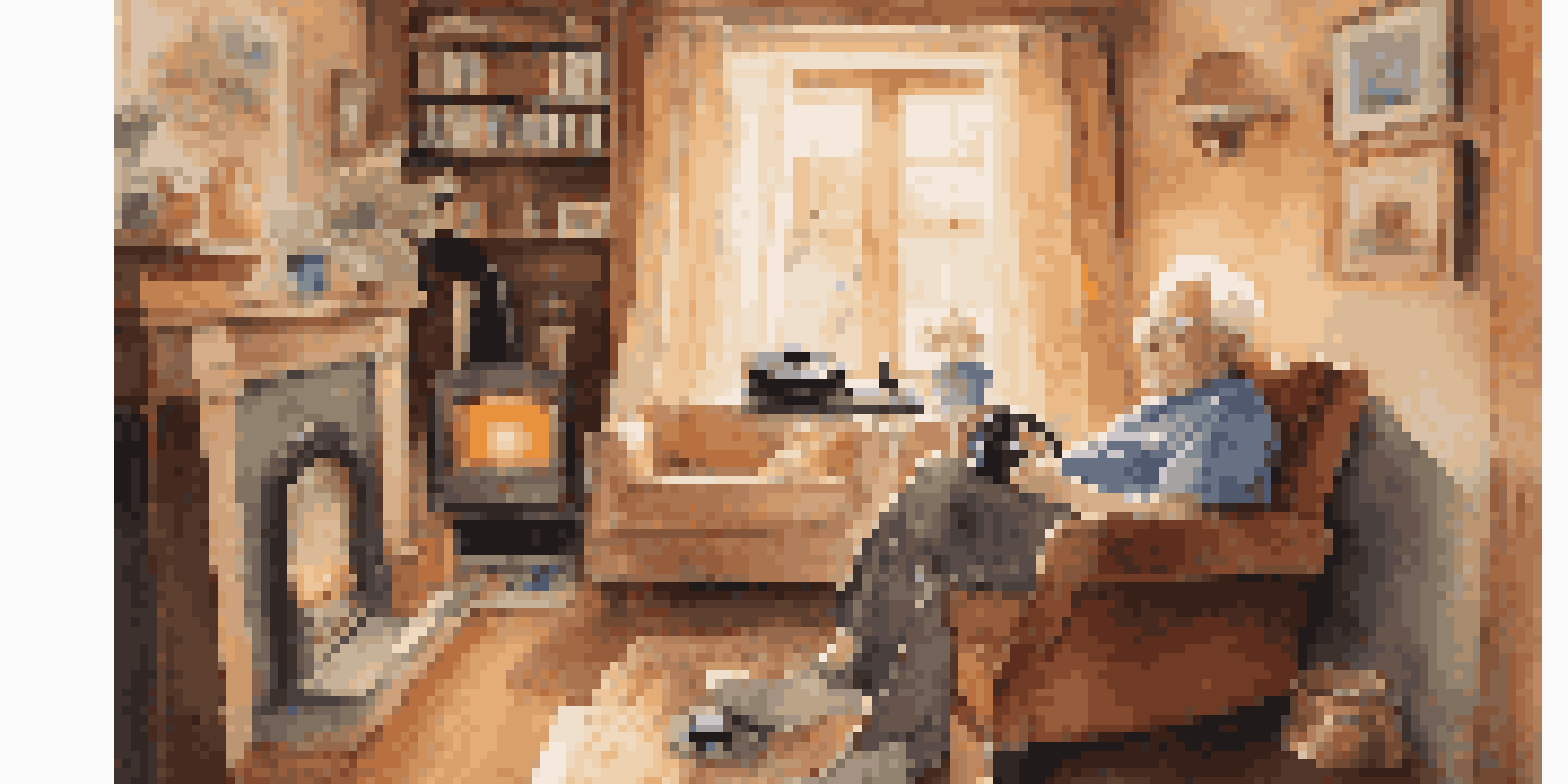 An elderly person in a cozy armchair with a record player, surrounded by family photos and warm sunlight.