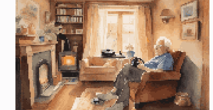 An elderly person in a cozy armchair with a record player, surrounded by family photos and warm sunlight.