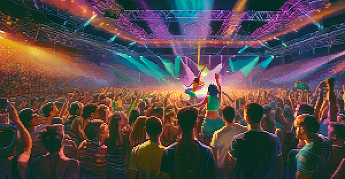 A lively pop music concert with diverse musicians on stage and an enthusiastic crowd dancing, emphasizing individuality and acceptance.