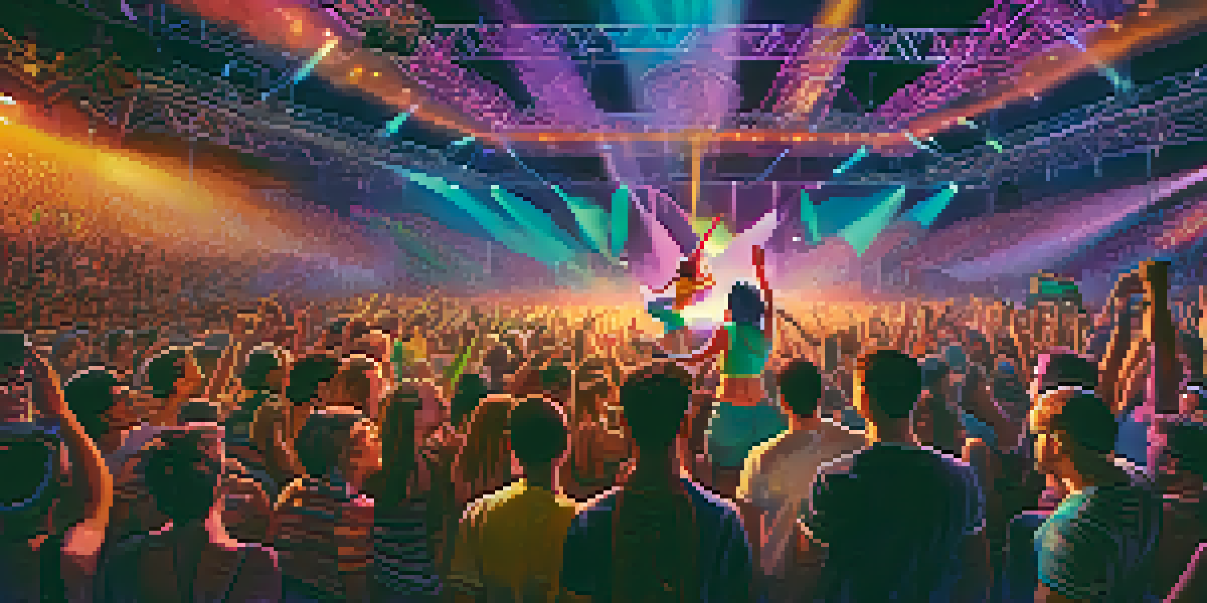 A lively pop music concert with diverse musicians on stage and an enthusiastic crowd dancing, emphasizing individuality and acceptance.