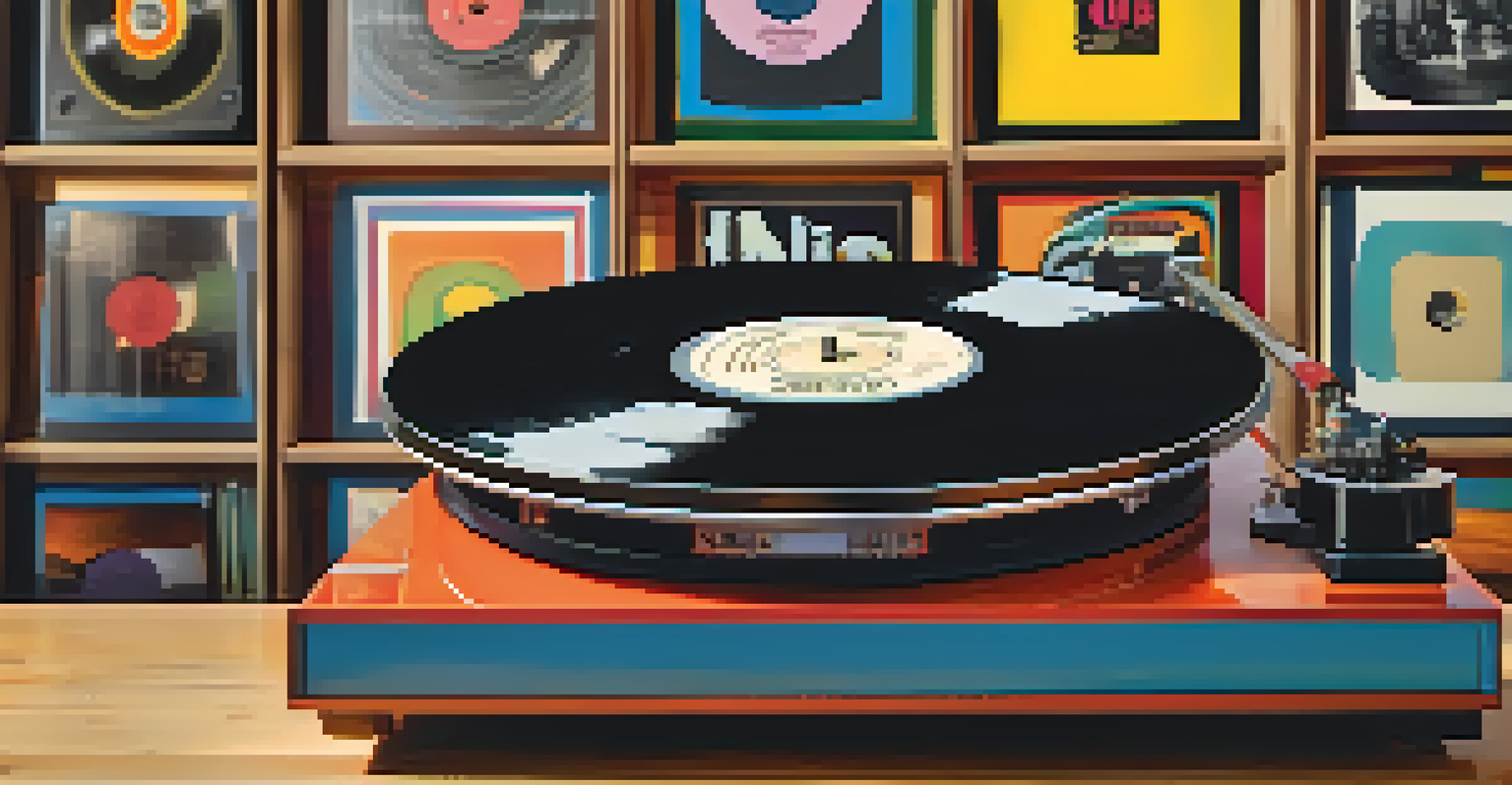 A close-up of a spinning vinyl record on a turntable surrounded by colorful album covers, creating a nostalgic atmosphere.