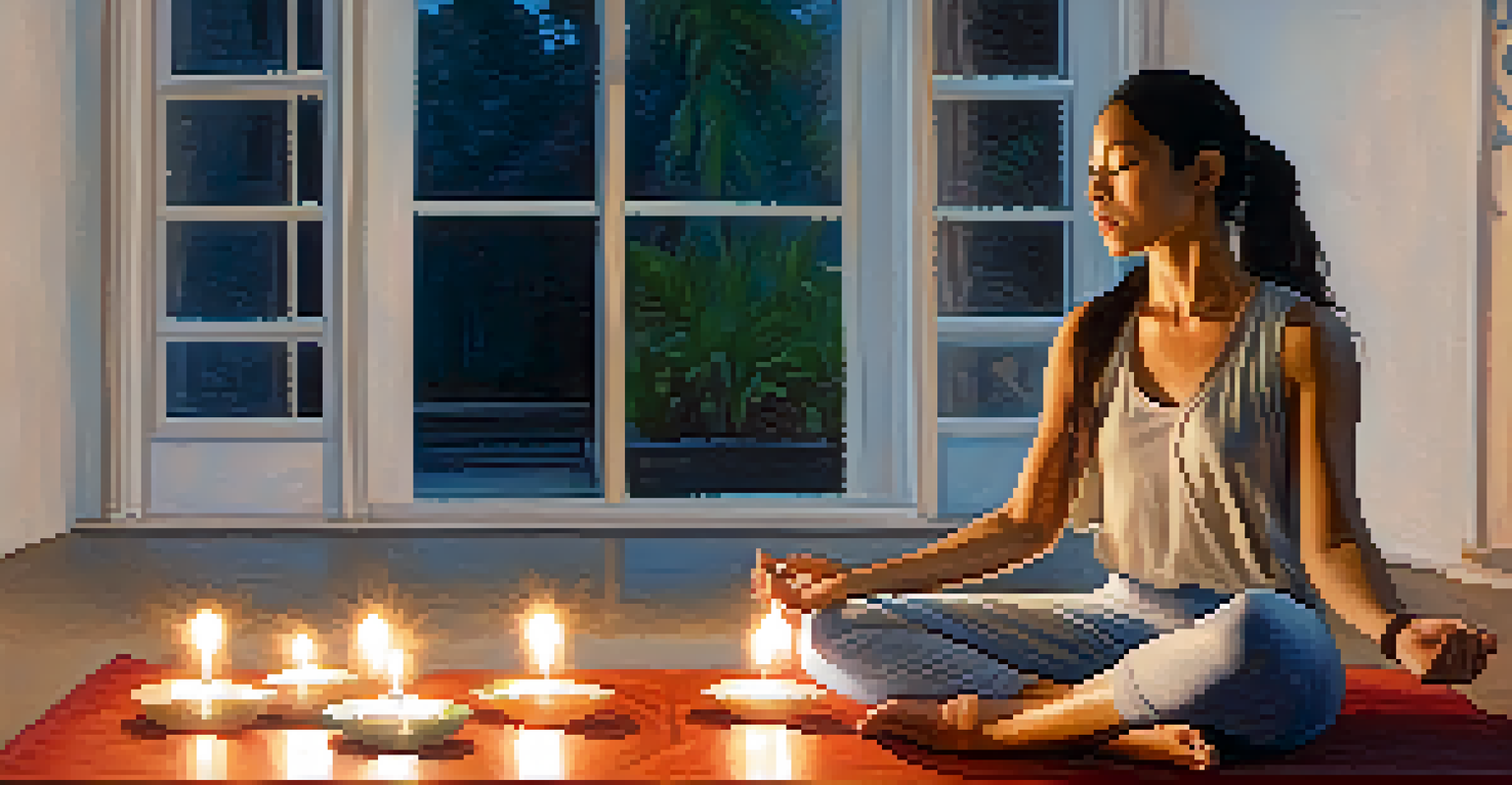 A woman singing into a microphone in a dimly lit room with candles, surrounded by sound bowls, depicting a moment of meditation.