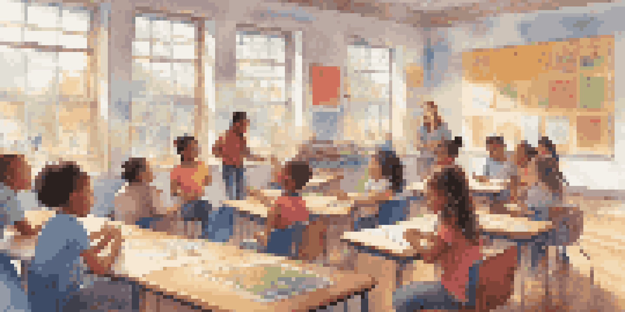 A lively classroom with students participating in a group activity, a teacher smiling, and sunlight coming through windows, with music notes illustrated in the air.