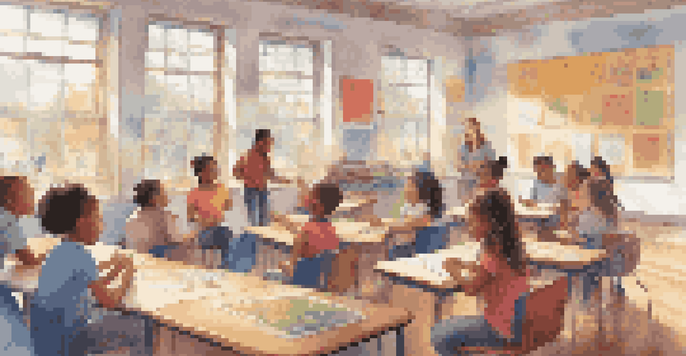 A lively classroom with students participating in a group activity, a teacher smiling, and sunlight coming through windows, with music notes illustrated in the air.