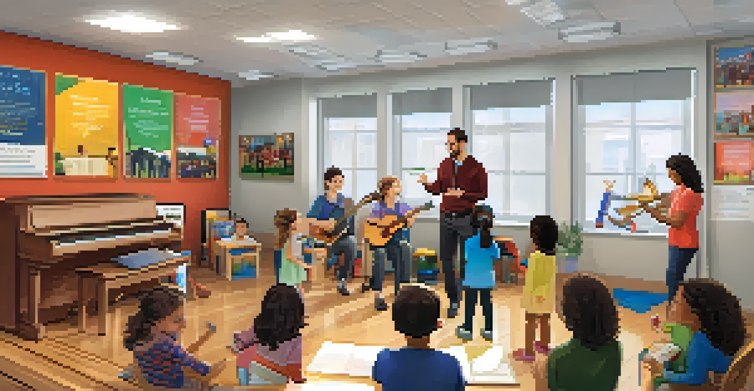 A music educator conducting a workshop with parents and students, surrounded by musical instruments and educational materials, in a warm, inviting room.