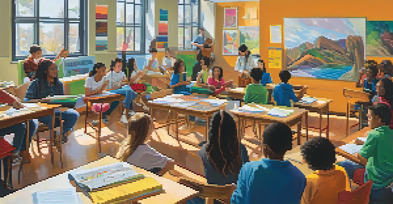 Students in a colorful classroom discussing a poem, music, and a painting together, fostering creativity.