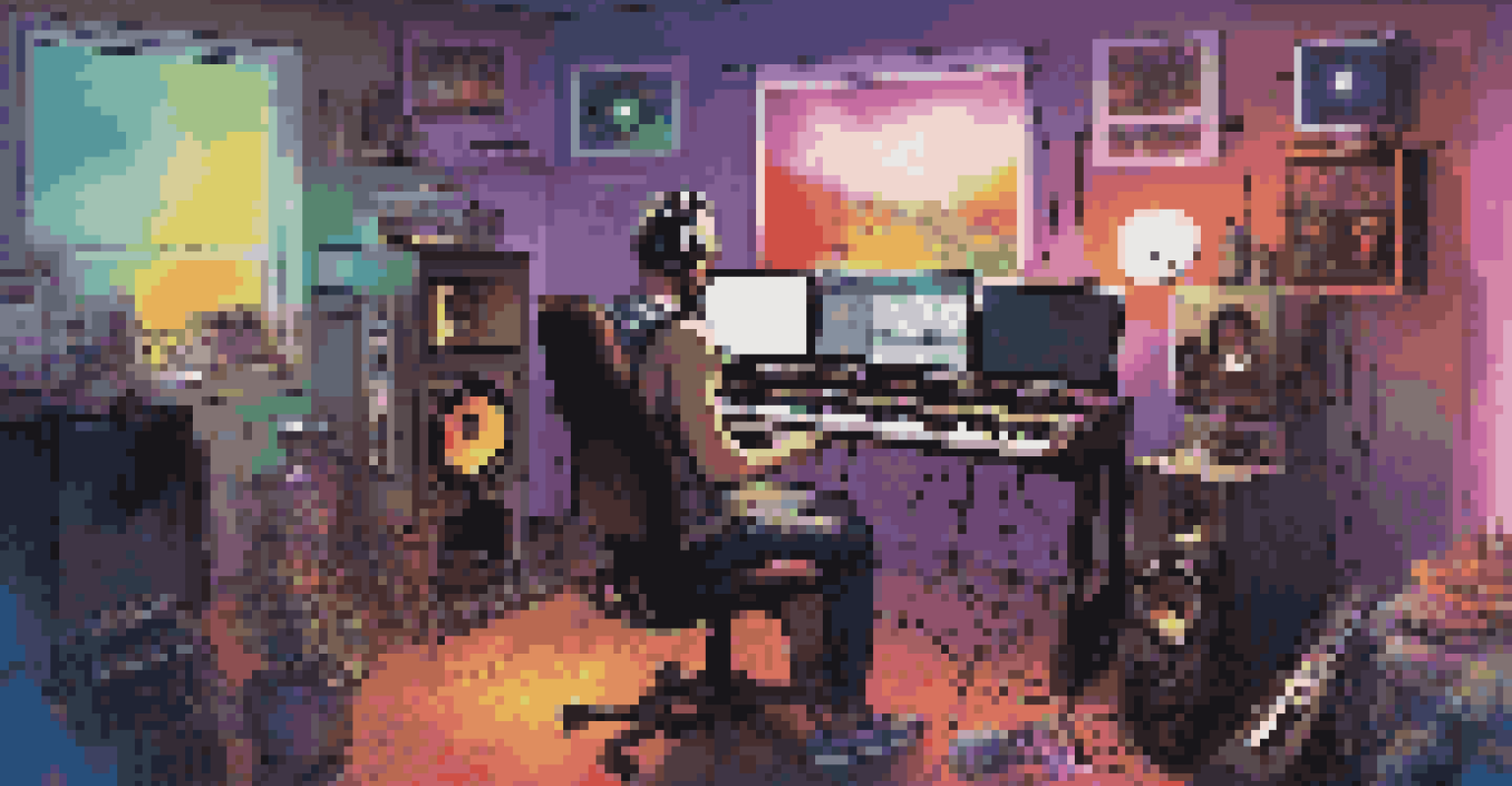 A modern artist in a vibrant home studio, blending different music genres with electronic devices and instruments.