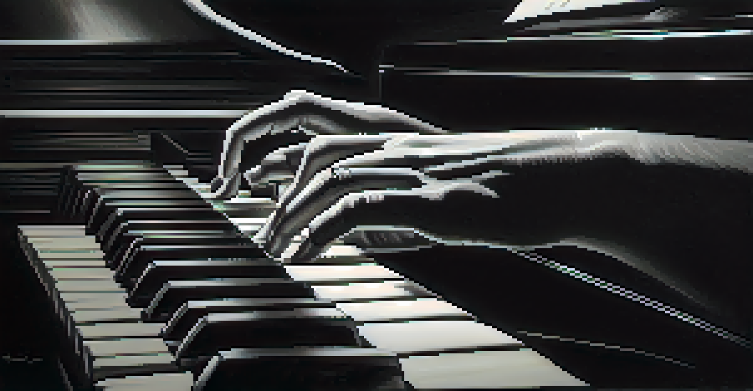 Close-up of a musician's hands playing a grand piano, highlighting the keys and the movement of the fingers.