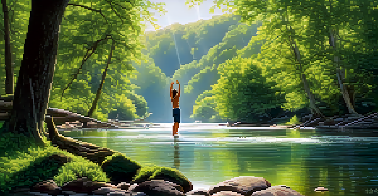 A person standing by a sparkling river with arms raised, joyfully chanting in a lush natural setting.