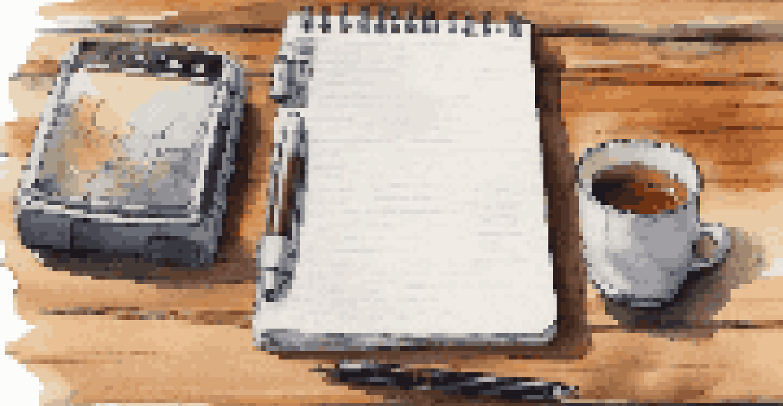 Close-up of a notepad, recording device, and tea on a wooden table, symbolizing interview preparation.