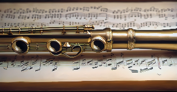 A wooden flute placed on a sheet of music, highlighting the craftsmanship of the flute and the notes on the page under soft lighting.