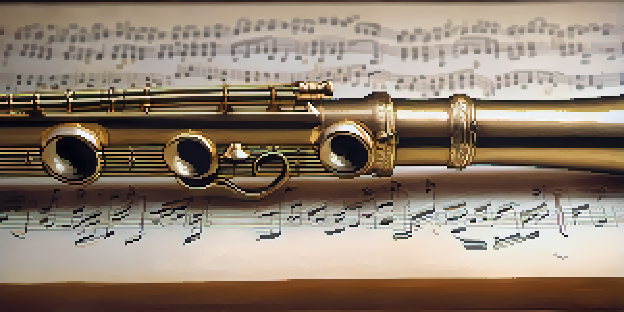 A wooden flute placed on a sheet of music, highlighting the craftsmanship of the flute and the notes on the page under soft lighting.