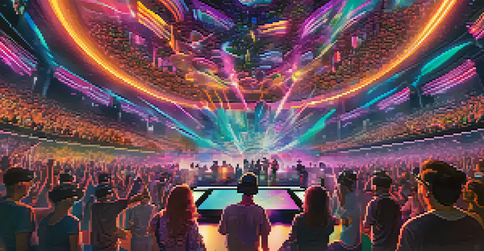 A virtual reality concert with fans wearing VR headsets, colorful lights, and a lively performer on stage.