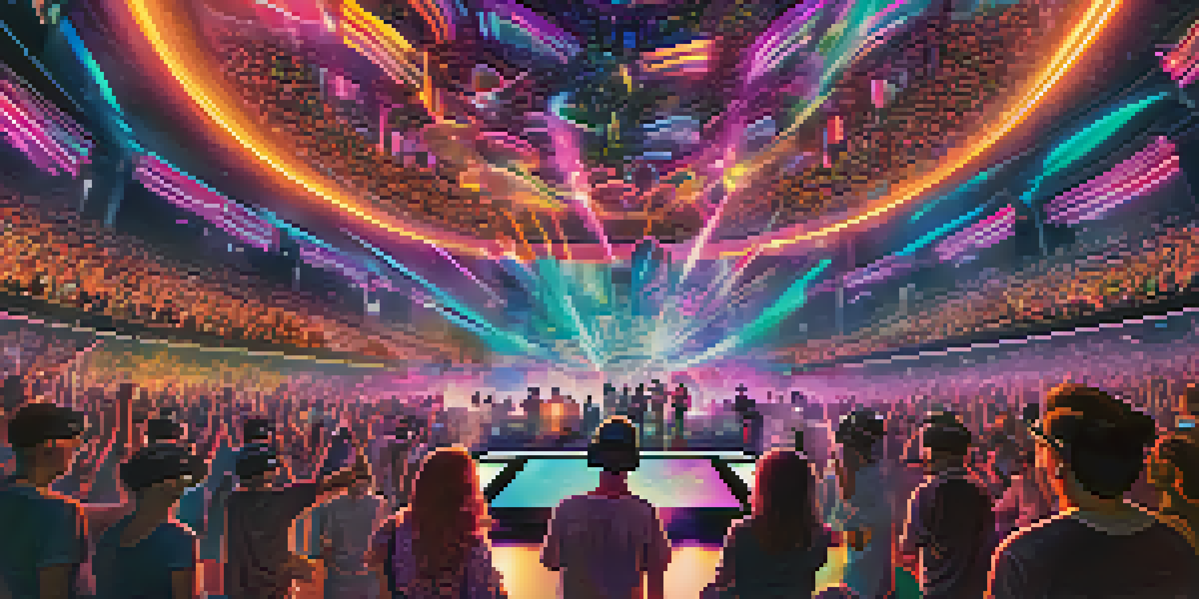 A virtual reality concert with fans wearing VR headsets, colorful lights, and a lively performer on stage.