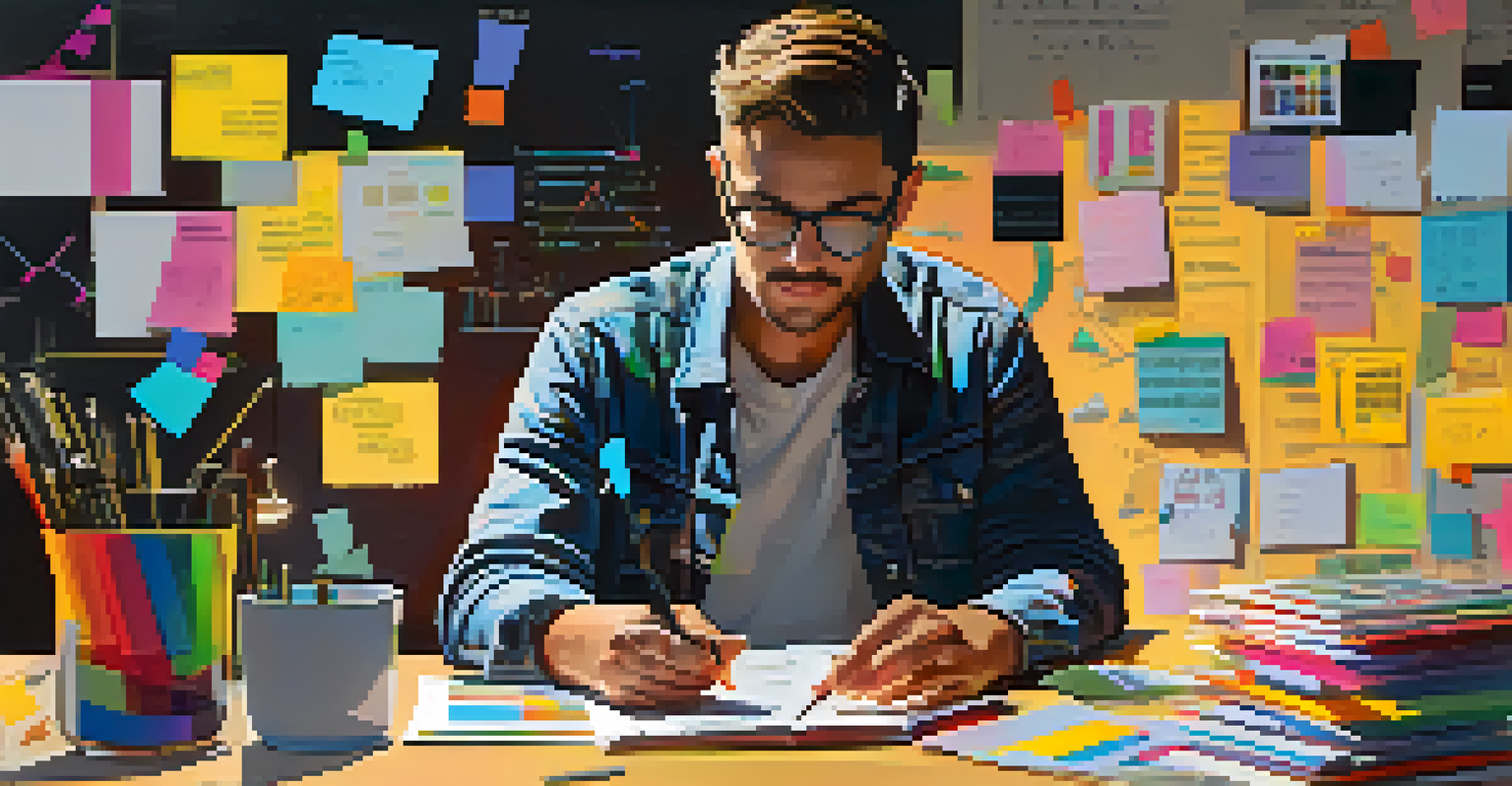 An artist deep in thought at a desk with notebooks and a laptop showing music data analytics, illuminated by sunlight.