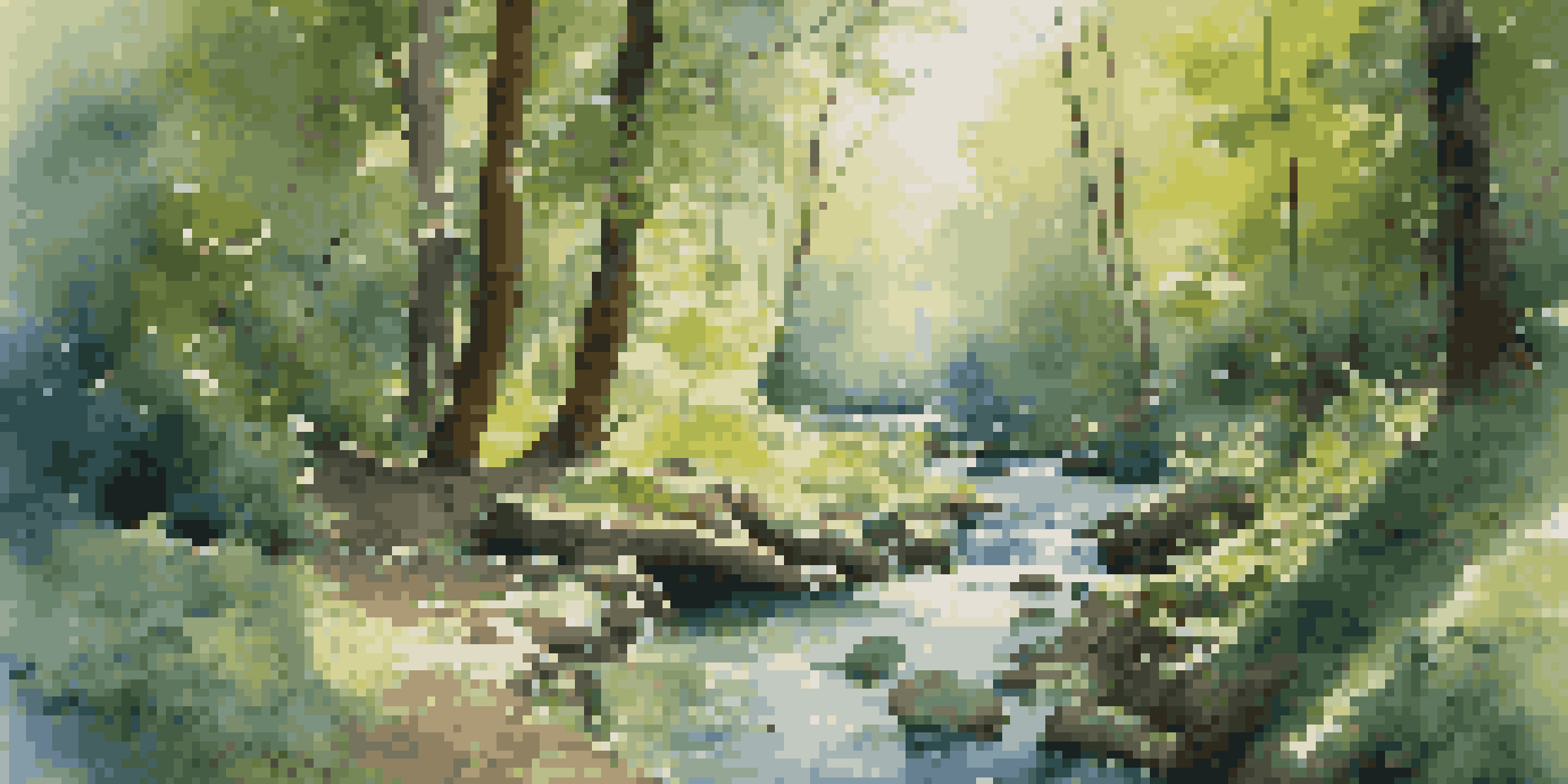A peaceful forest scene with sunlight filtering through trees, a flowing stream, and birds perched on branches, creating a tranquil atmosphere.