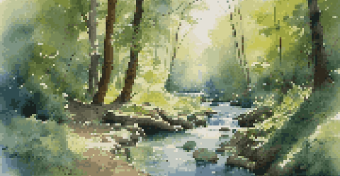 A peaceful forest scene with sunlight filtering through trees, a flowing stream, and birds perched on branches, creating a tranquil atmosphere.