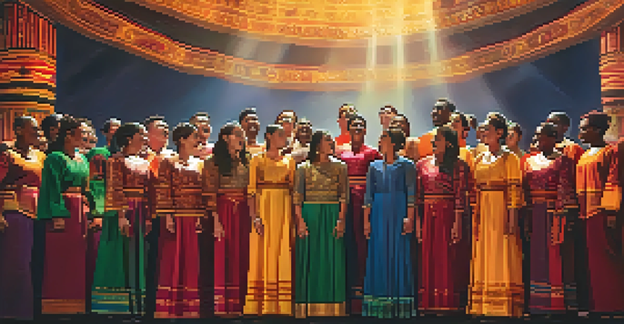A diverse choir on stage, singing passionately under warm golden lights, dressed in traditional attire from various cultures.