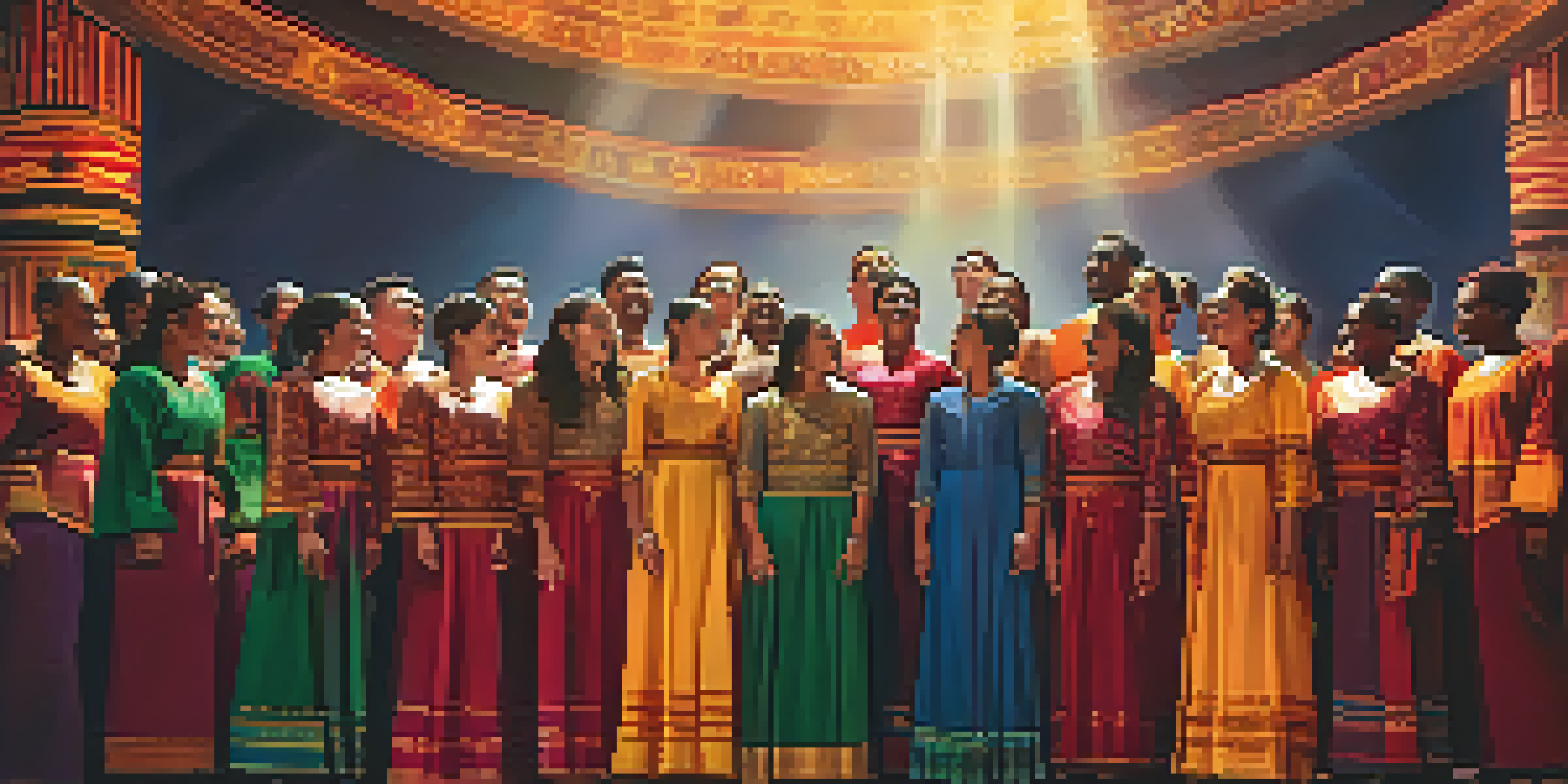A diverse choir on stage, singing passionately under warm golden lights, dressed in traditional attire from various cultures.