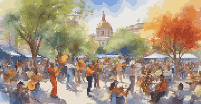 A lively street performance featuring musicians from diverse cultural backgrounds playing traditional and modern instruments in a colorful park, with an engaged audience enjoying the music.