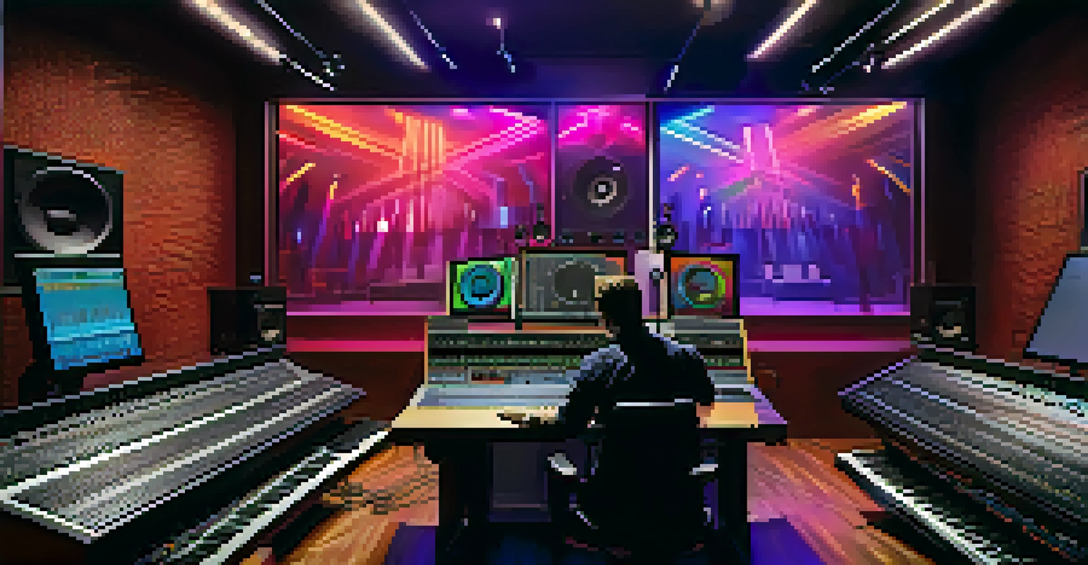 A contemporary music studio showcasing an artist creating music with advanced technology and colorful lights.