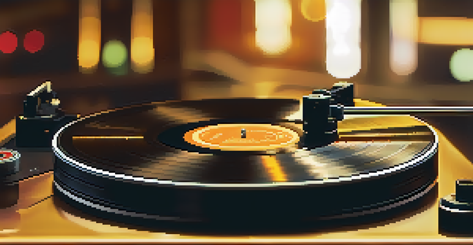 A close-up view of a vintage vinyl record on a turntable, with warm lighting showcasing its details.