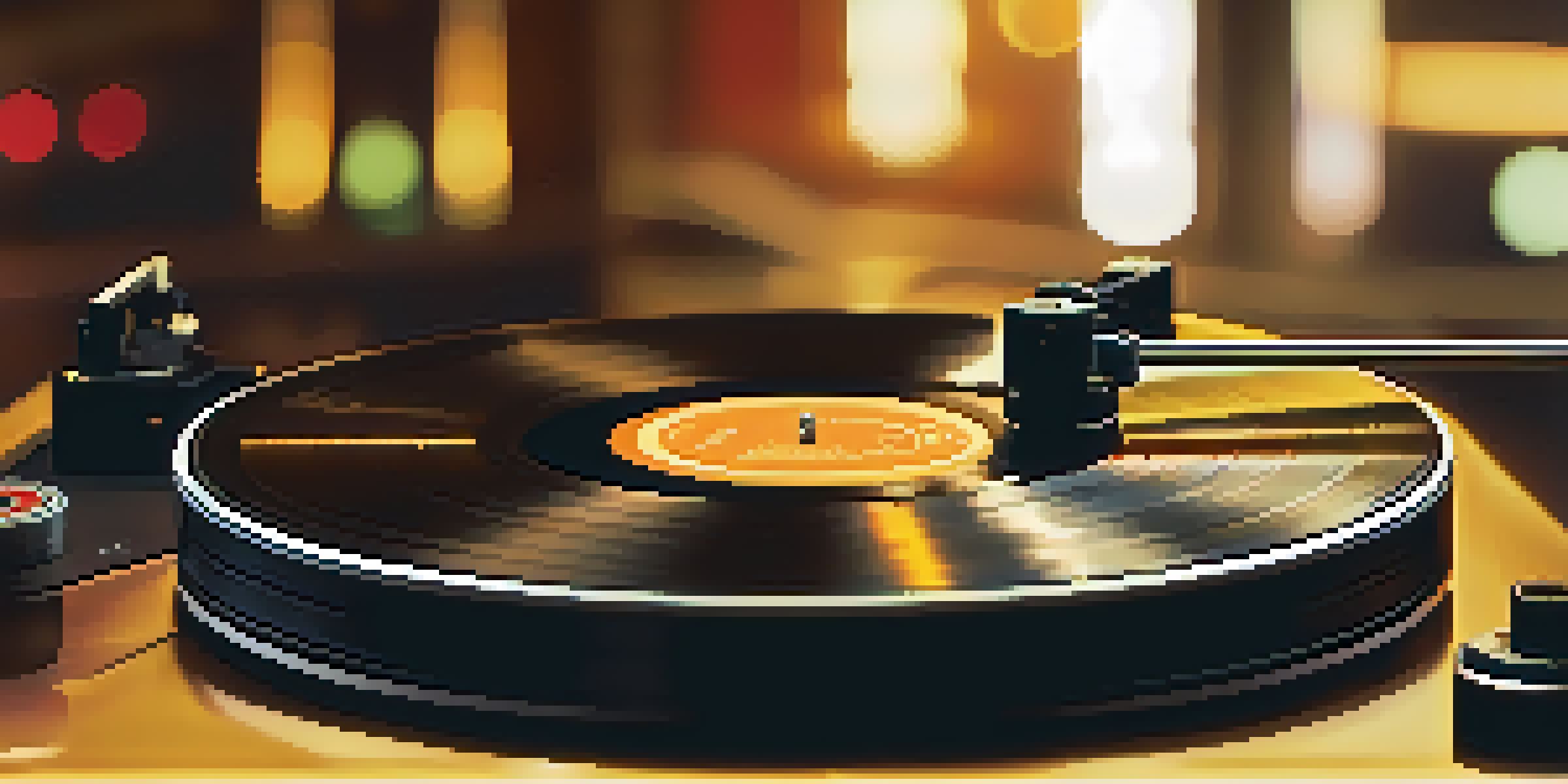A close-up view of a vintage vinyl record on a turntable, with warm lighting showcasing its details.