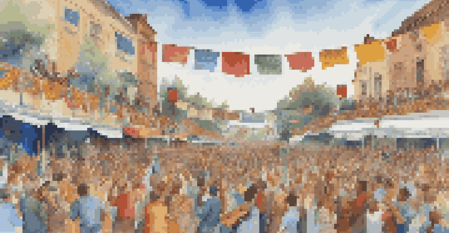 Musicians performing at a festival with banners of alliterative song titles and an engaged crowd.