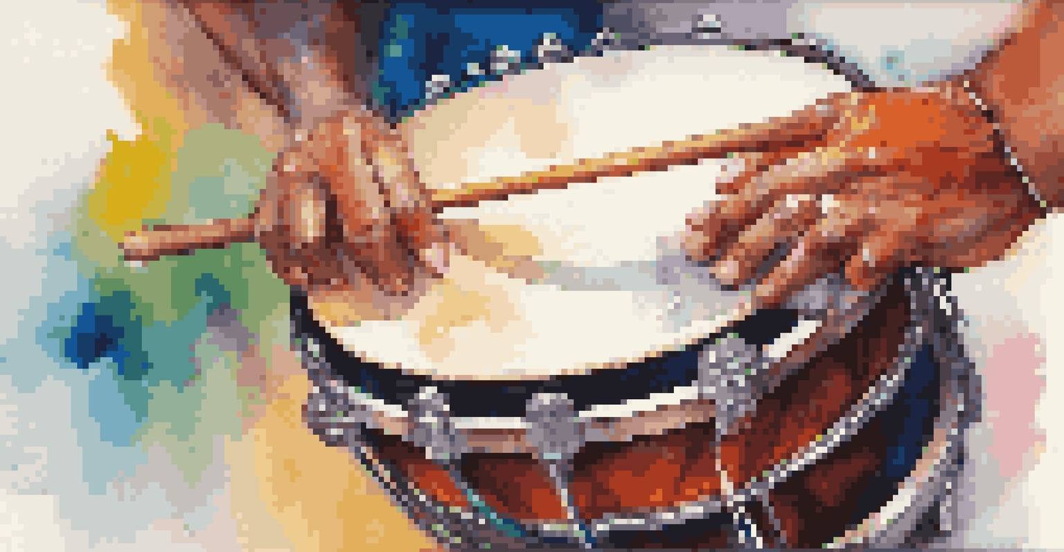 A close-up of hands rhythmically playing a colorful drum, highlighting the emotional energy of music in healing.