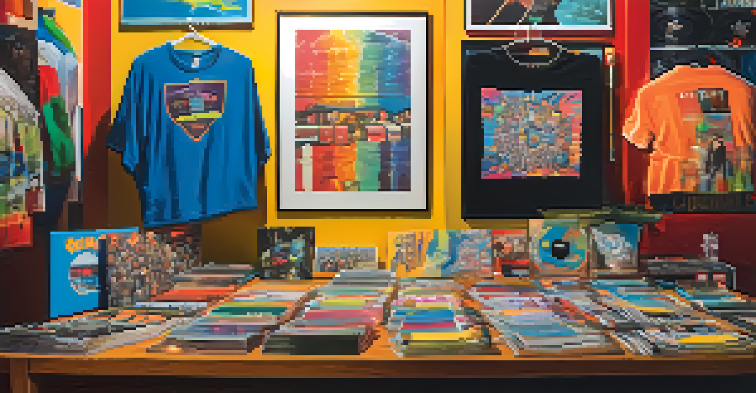 A merchandise table with T-shirts, vinyl records, and posters from an award-winning artist, with fans browsing excitedly.