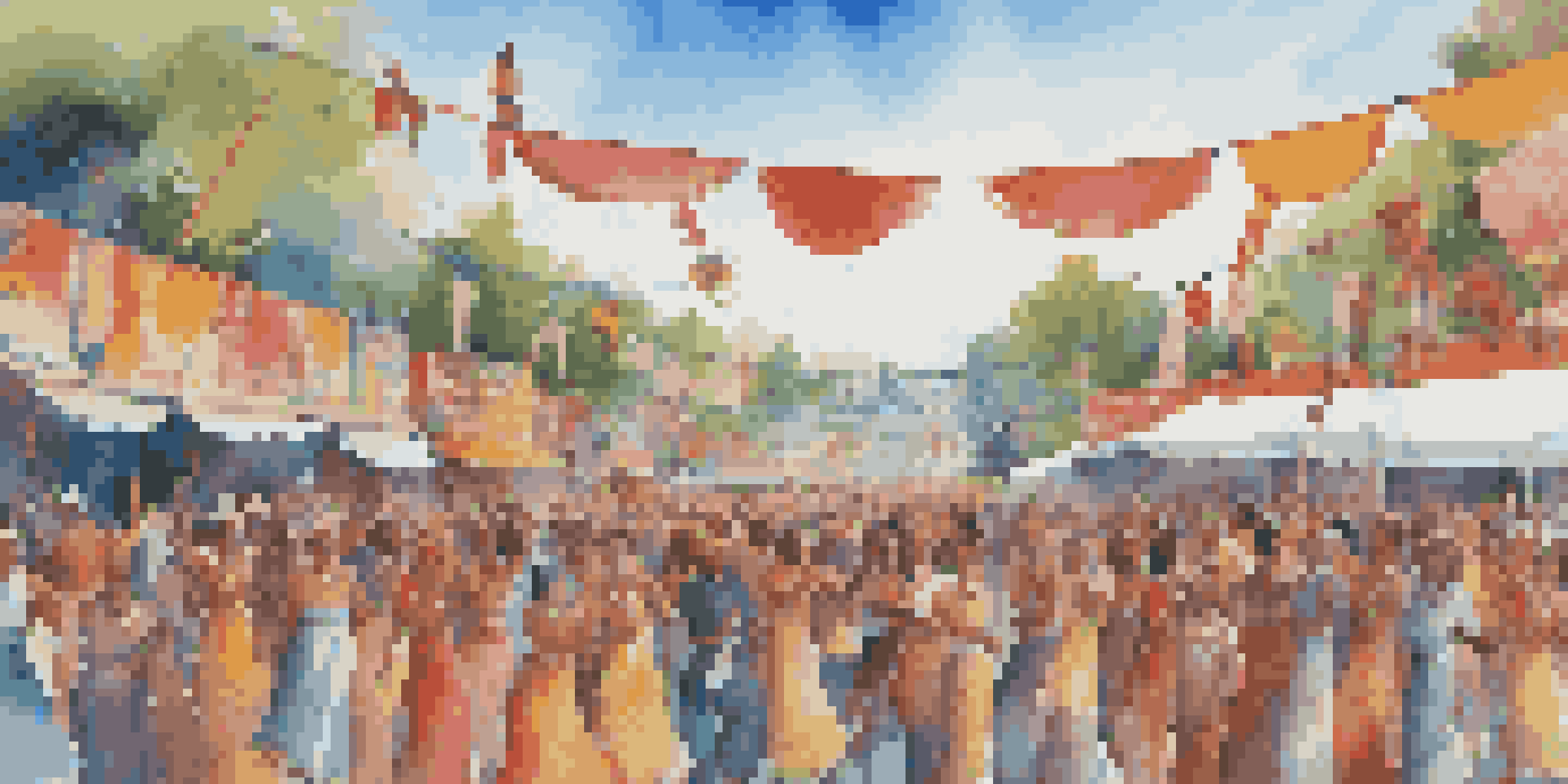 A lively outdoor music festival with diverse attendees celebrating and enjoying performances, surrounded by colorful decorations and a clear sky.