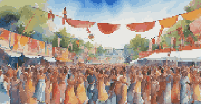 A lively outdoor music festival with diverse attendees celebrating and enjoying performances, surrounded by colorful decorations and a clear sky.