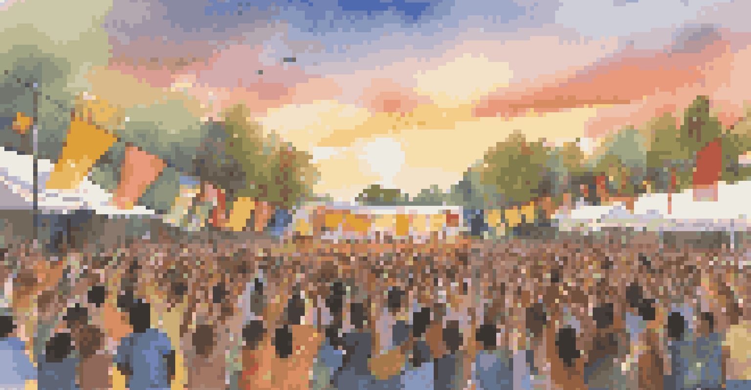 A lively outdoor music festival with students performing on stage, surrounded by an engaged audience and colorful decorations, highlighting cultural appreciation through music.
