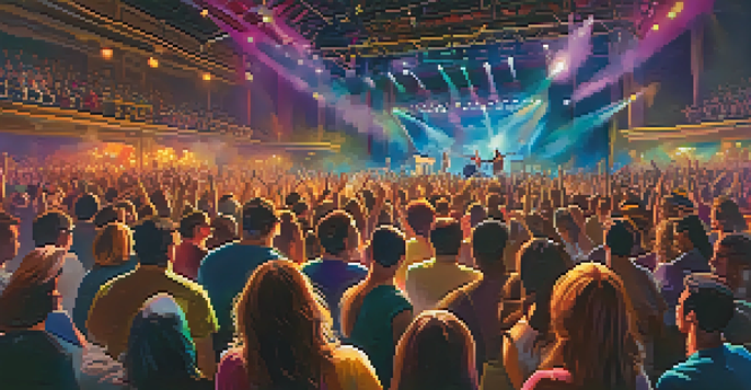 A lively concert with musicians on stage and an enthusiastic audience enjoying the performance.