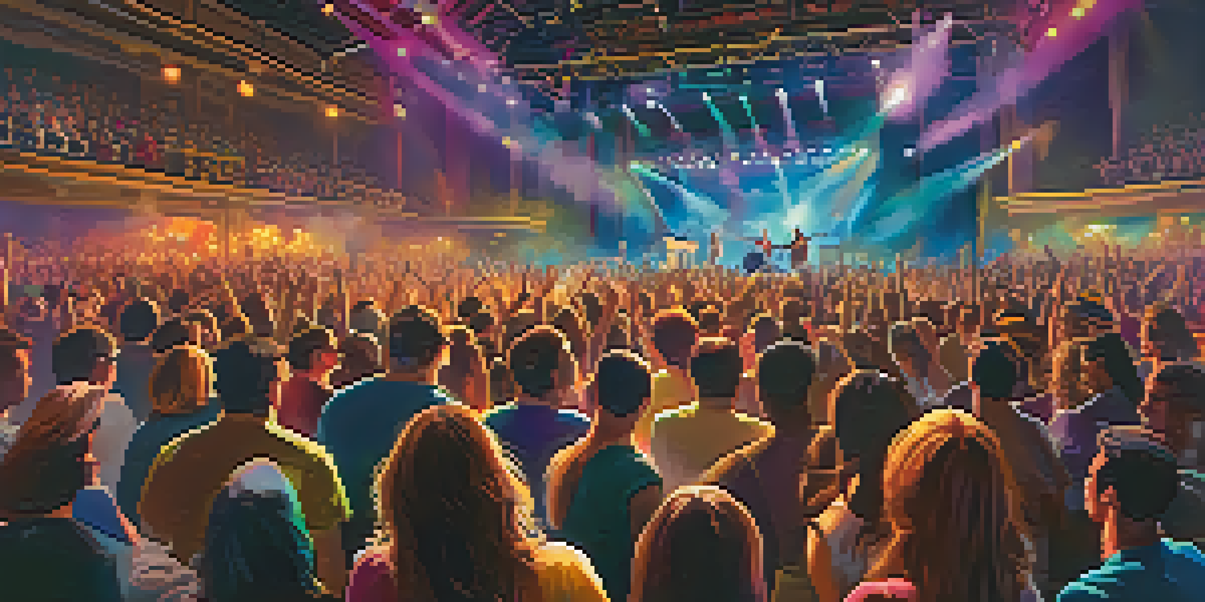 A lively concert with musicians on stage and an enthusiastic audience enjoying the performance.