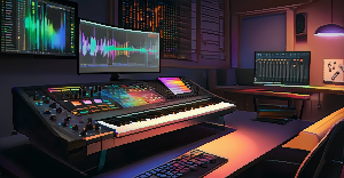 A modern workspace with a computer displaying music production software and a MIDI keyboard, enhanced by warm ambient lighting.