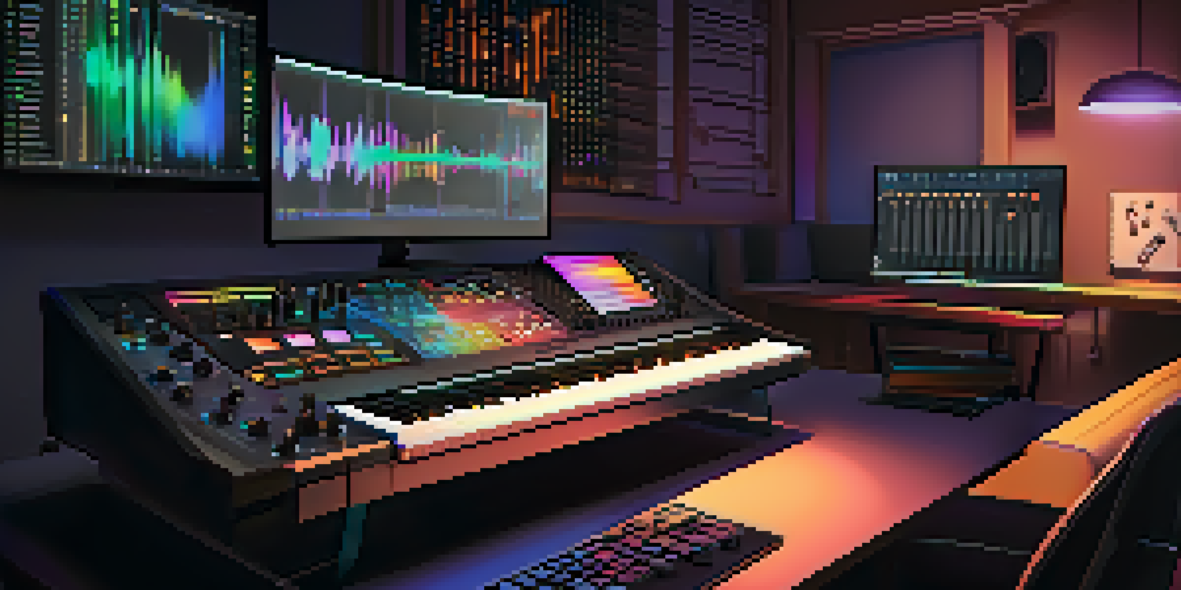 A modern workspace with a computer displaying music production software and a MIDI keyboard, enhanced by warm ambient lighting.