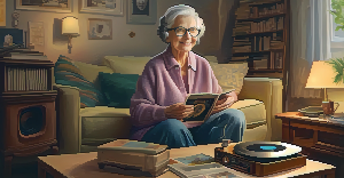 An elderly woman enjoying music from a vintage record player in a cozy living room filled with family photos.