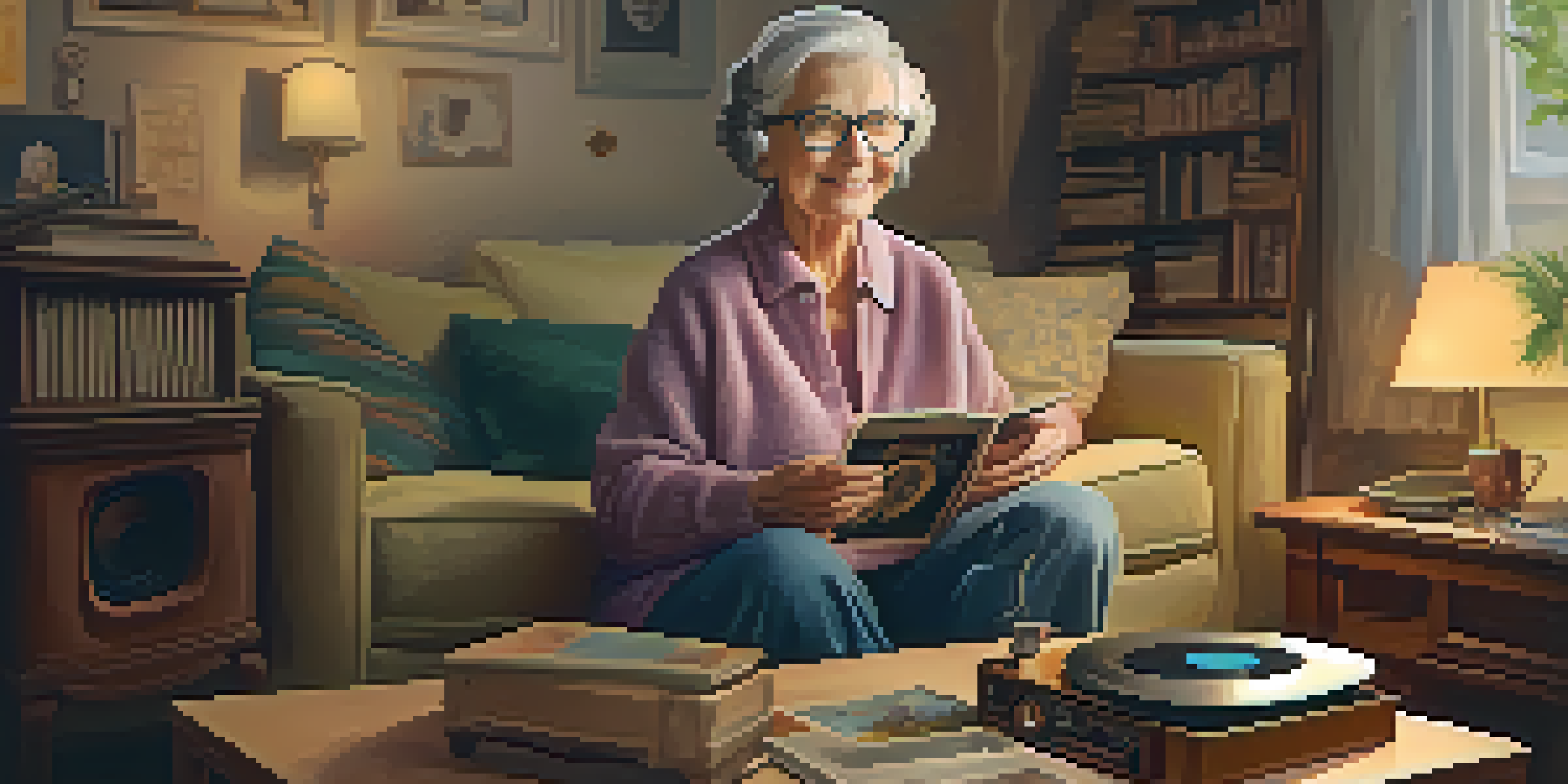 An elderly woman enjoying music from a vintage record player in a cozy living room filled with family photos.