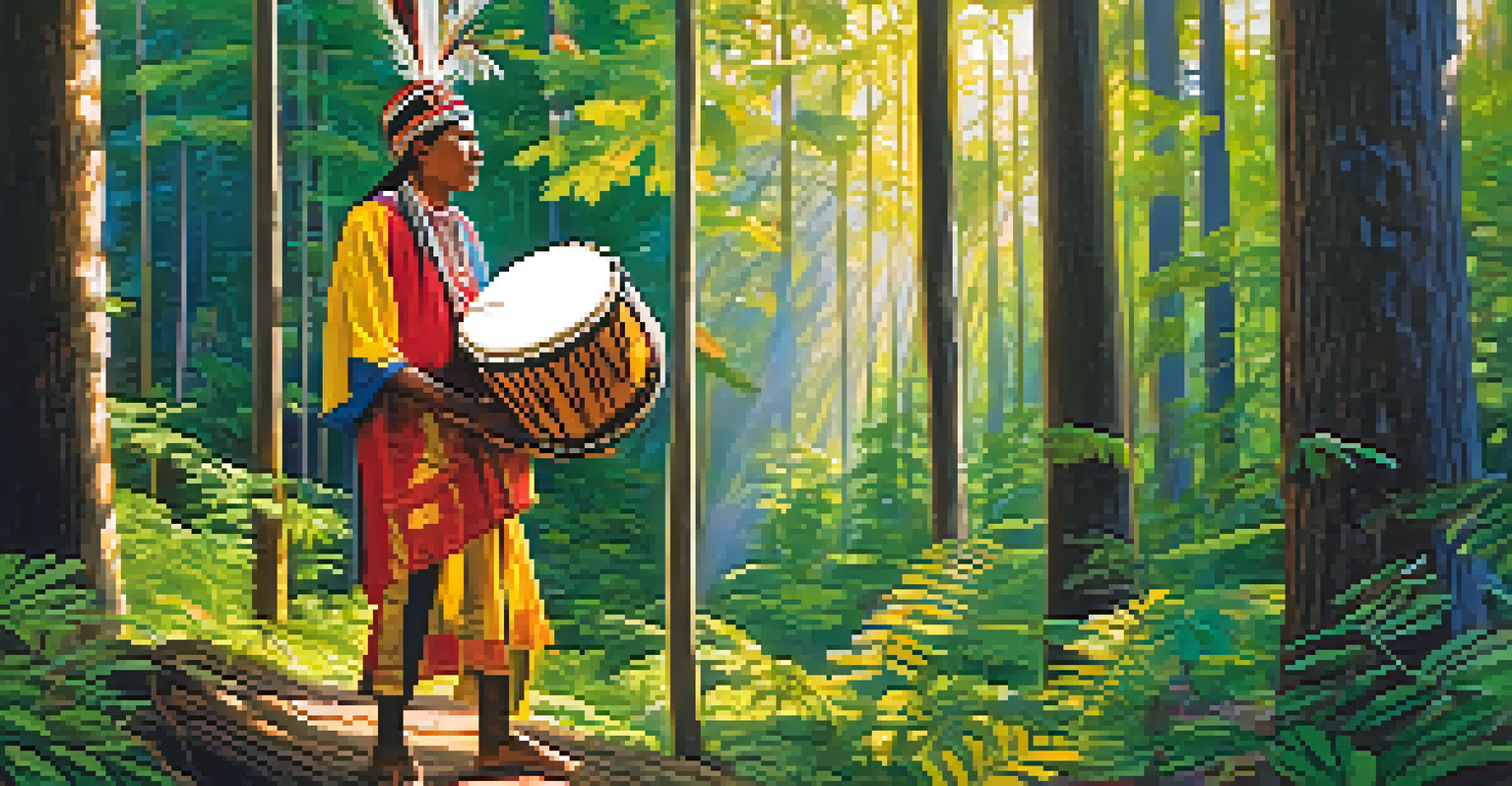 Indigenous musician playing a traditional drum in a lush forest, surrounded by trees and colorful attire, with visual sound waves around them.