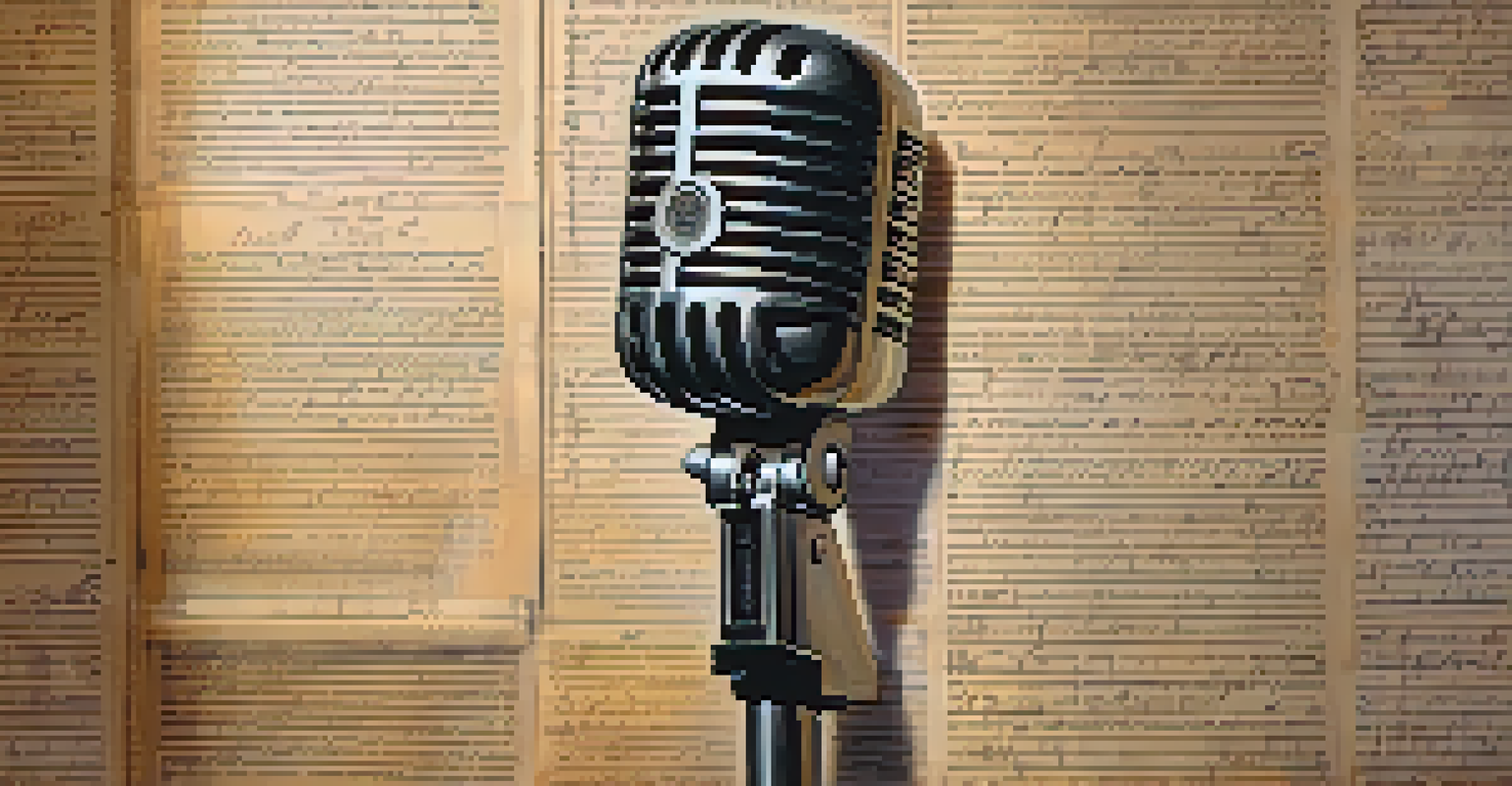 A close-up of a vintage microphone surrounded by handwritten lyrics in a dimly lit room, with warm light highlighting the microphone.