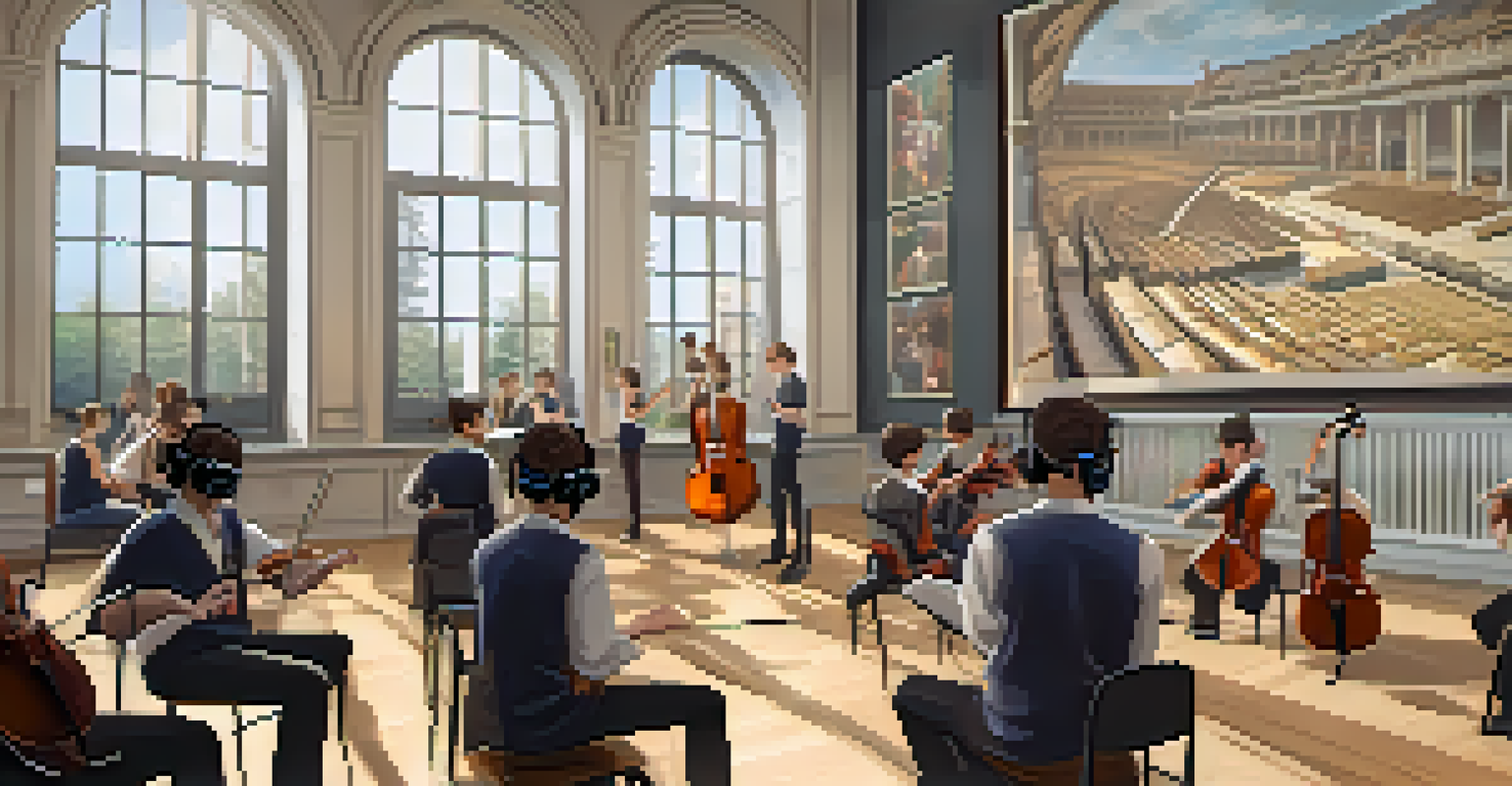 Students in a classroom wearing VR headsets, learning about classical music with posters of composers and interactive screens.