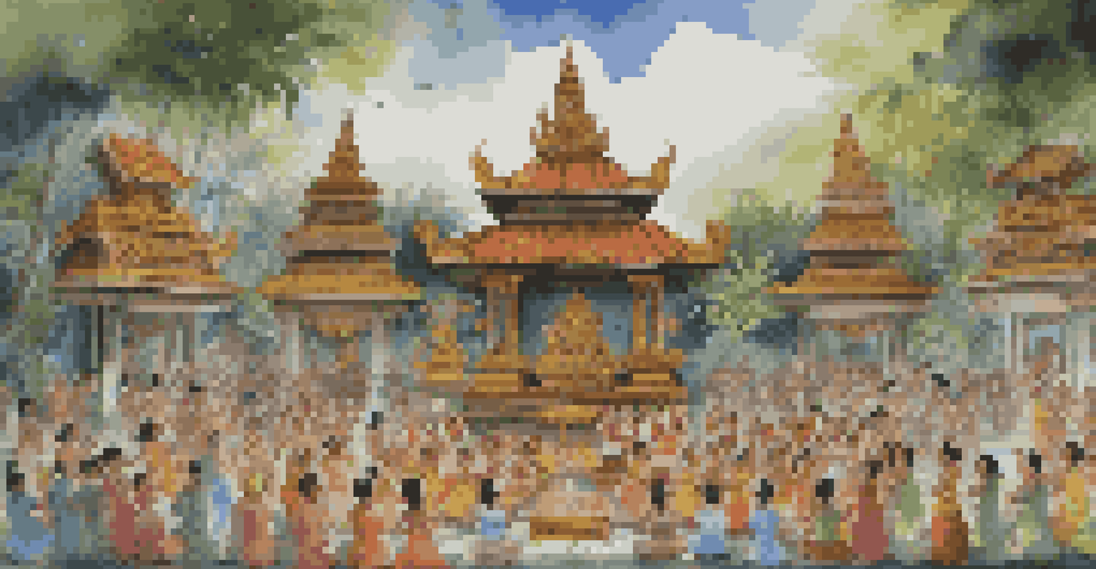 A vibrant Balinese ceremony with dancers in colorful costumes and a gamelan ensemble featuring a saron instrument.