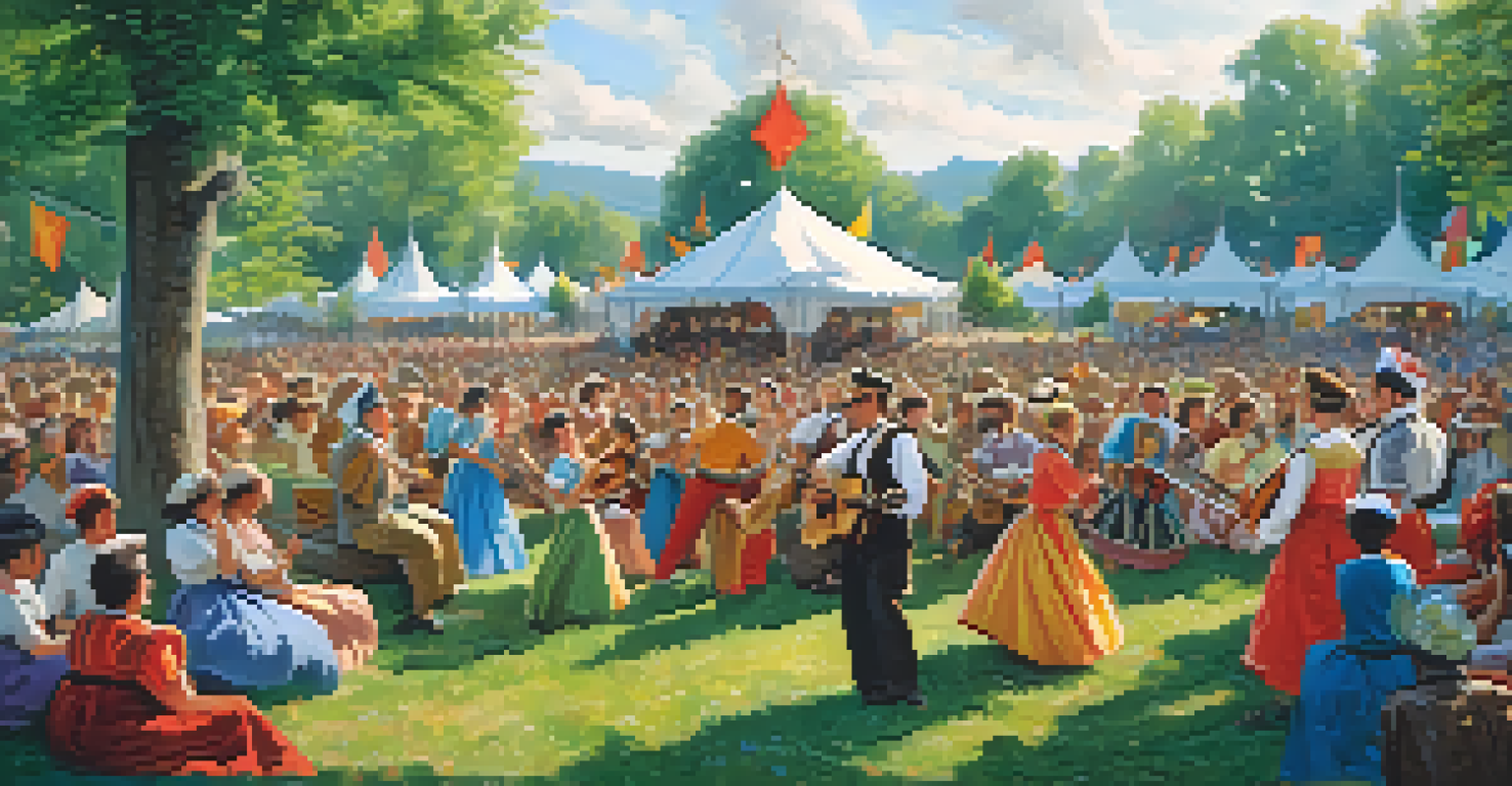 Musicians playing balalaikas at a lively outdoor festival, with colorful costumes and an enthusiastic audience.