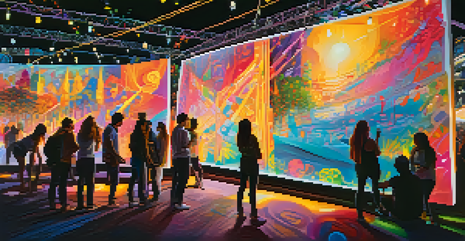 Attendees engaging with an interactive art installation at a music festival, leaving messages on a colorful canvas surrounded by creative expressions.