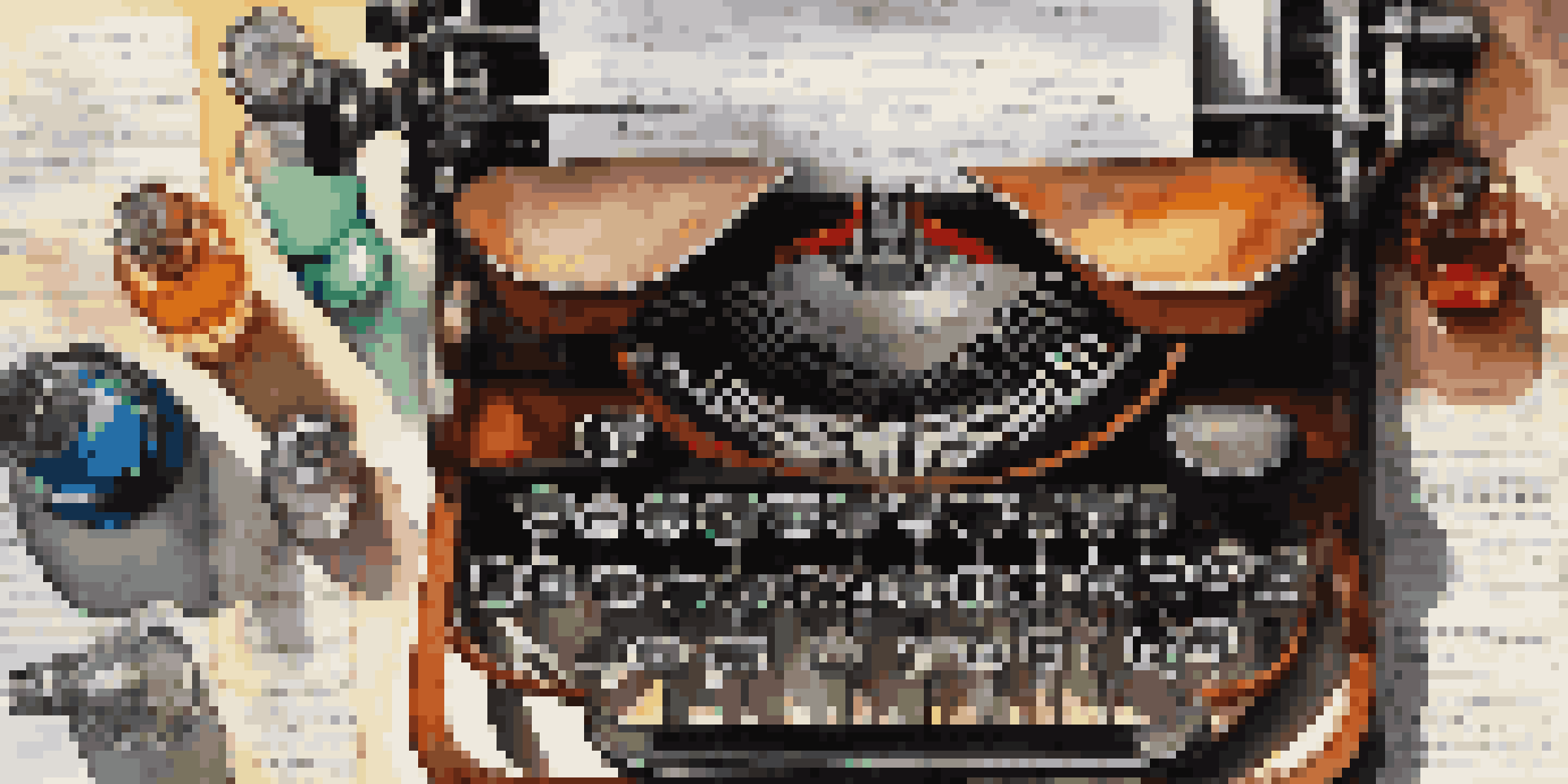 A vintage typewriter with sheets of paper and colorful ink bottles, emphasizing the keys with alliterative words.