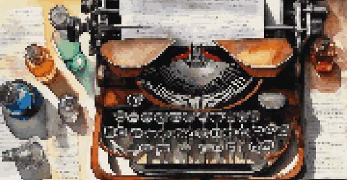 A vintage typewriter with sheets of paper and colorful ink bottles, emphasizing the keys with alliterative words.