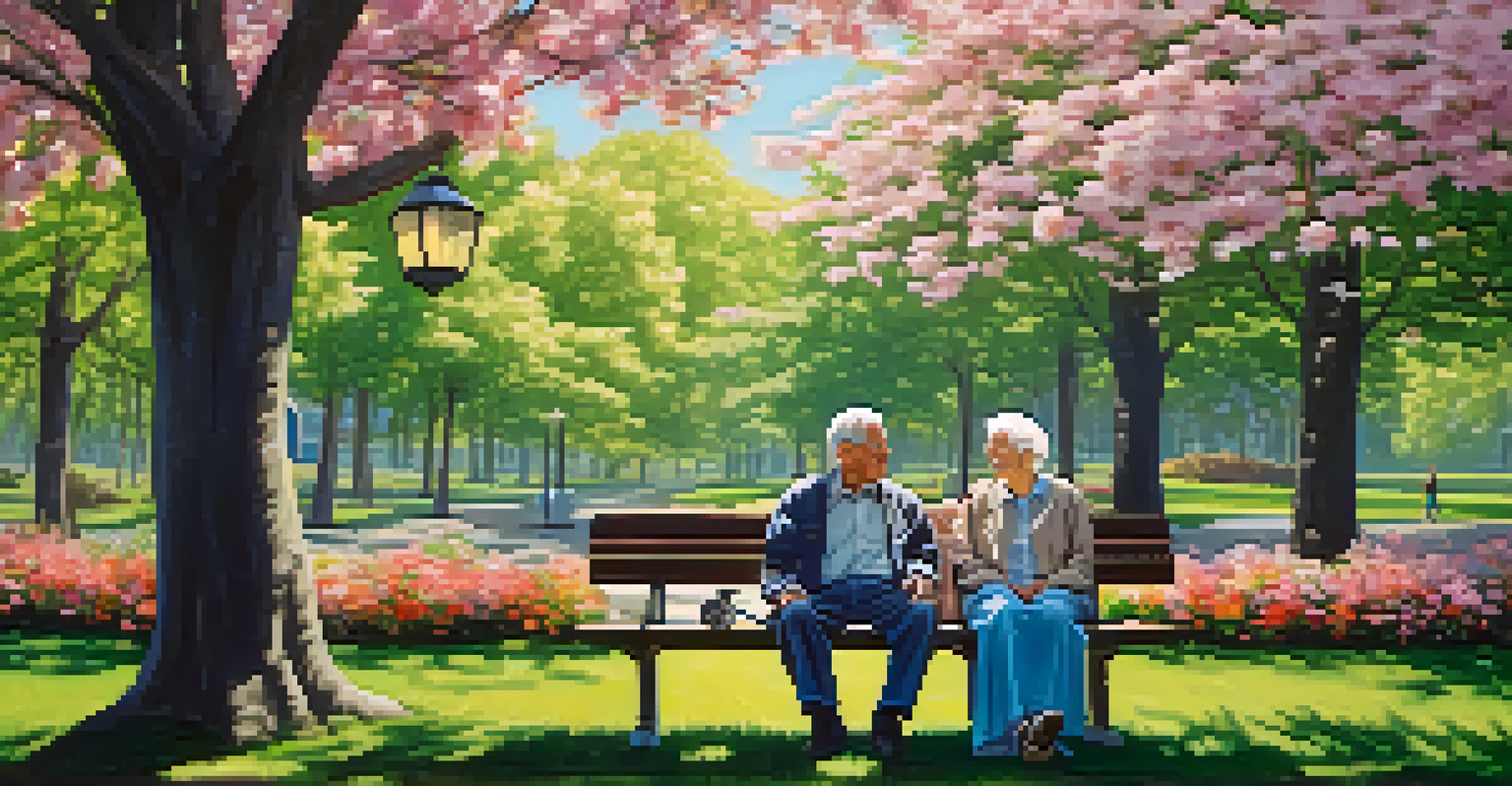 An elderly couple on a bench in a park, listening to music with shared headphones, surrounded by flowers and trees, depicting joy and nostalgia.