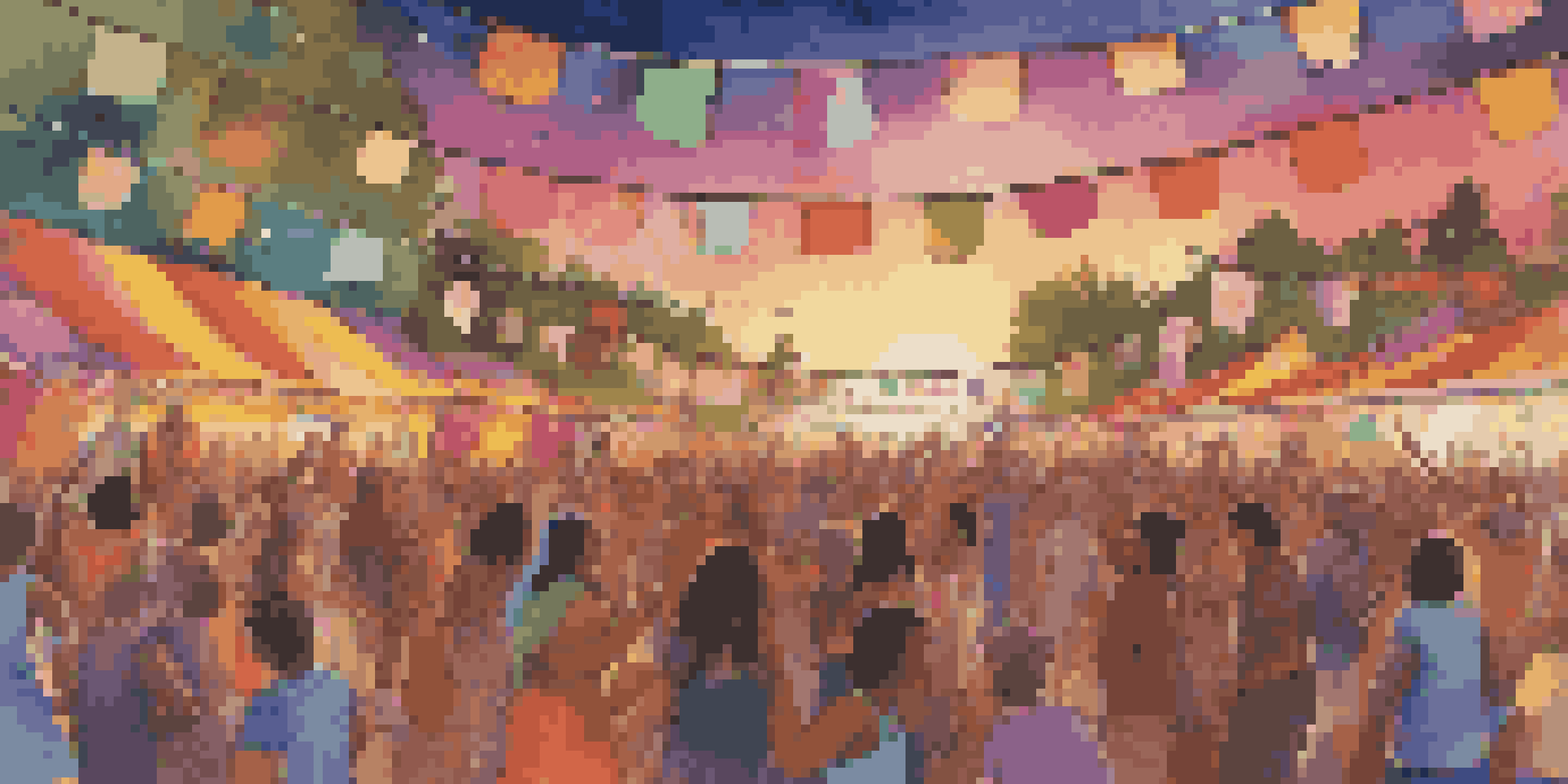 A lively music festival with a diverse crowd dancing and colorful banners, musicians on stage, and a warm sunset sky.