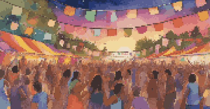 A lively music festival with a diverse crowd dancing and colorful banners, musicians on stage, and a warm sunset sky.